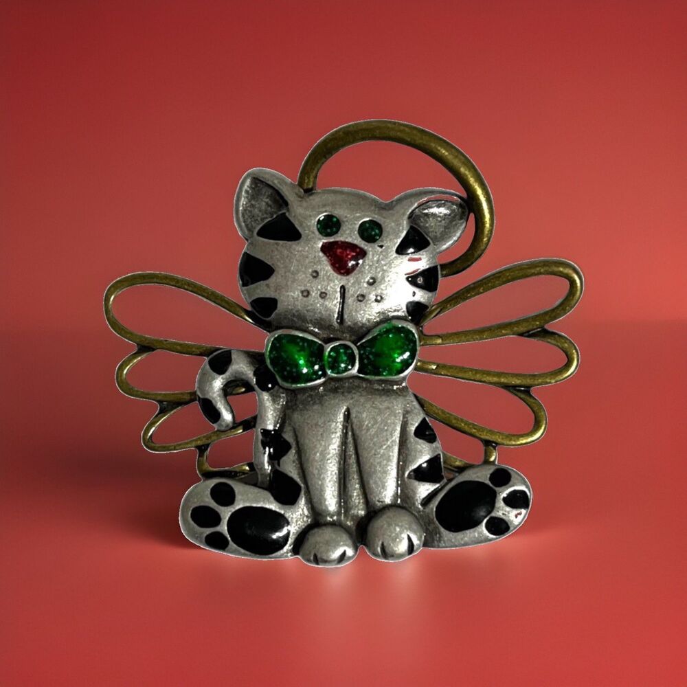 Vtg Kitten Angel Pin Brooch Green Bow Crazy Cat Lady Christmas Tabby Kitschy